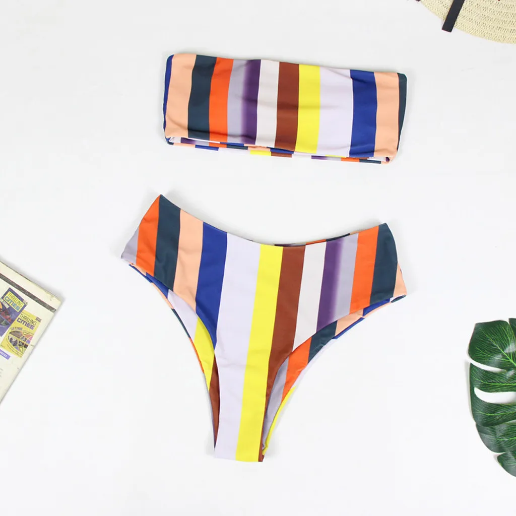 

Beachwear 2019 Swimwear Women Striped Print Bikini Set High Waist Tube top Swimsuit Girl Summer Brazilian Push Up Bathing Suit
