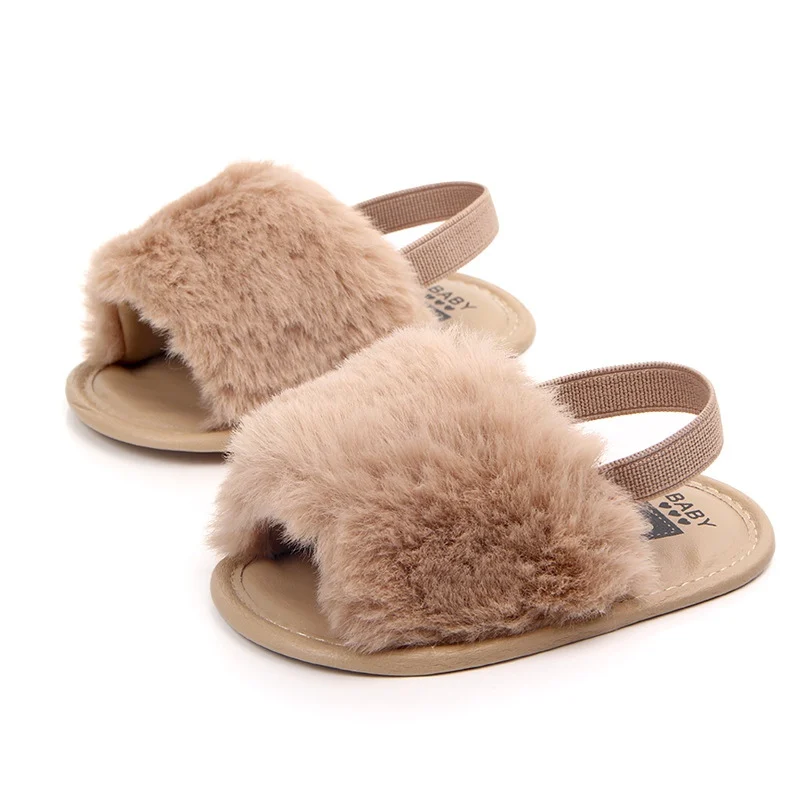 New Summer Soft Hair Style Classic Baby Girl Slipper Sandals Breathable Baby Fur Shoes Simple Elastic Sandals Princess Baby