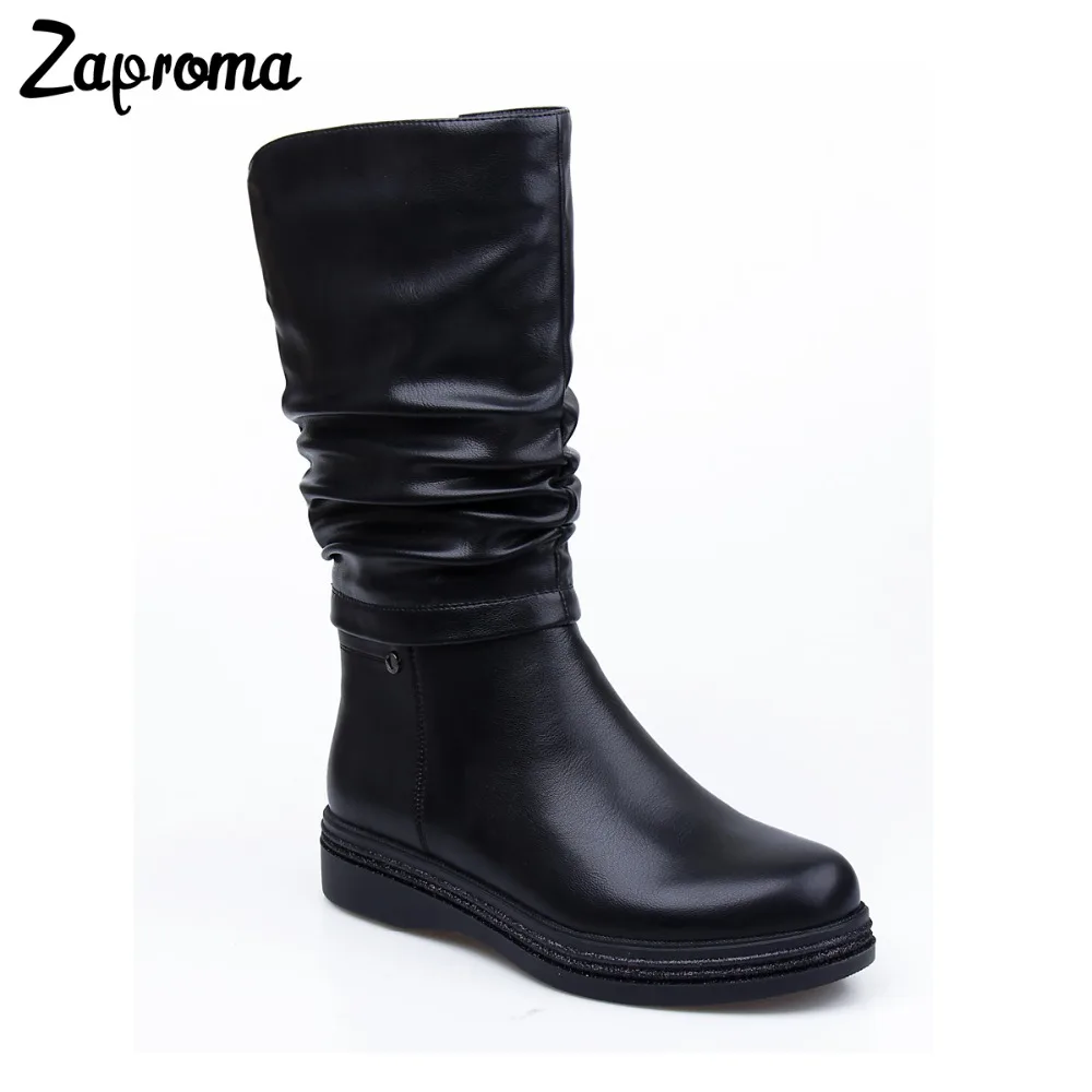 

ZAPROMA New Arrival Winter Boots Women Pleated Med Heels Shoes Round Toe Warm Winter Short Plush Boots High Heels Women
