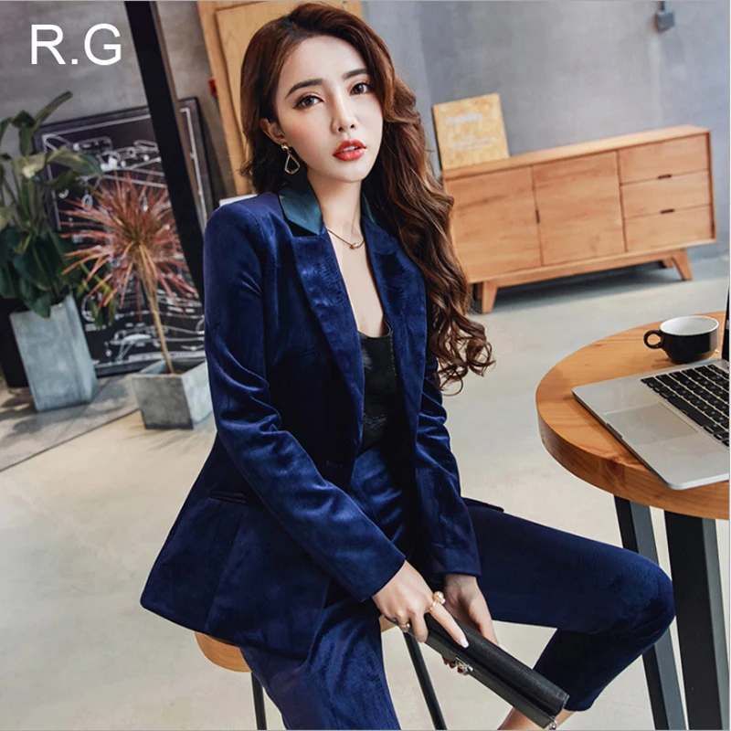 RG Formal Business Fashion Suit Female Trouser Set Blue Velvet Fabric Office Uniform Ankle-Length Pants Pantsuit Suit Set Women RG Formal Business Fashion Suit Female Trouser Set Blue Velvet Fabric Office Uniform Ankle-Length Pants Pantsuit Suit Set Women