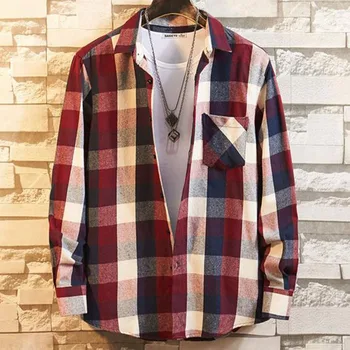 

Men Long Sleeve Flannel Shirts Camisa Fashion Turn-down Collar Plaid Printed Casual England Style Warm Winter Autumn Cloth