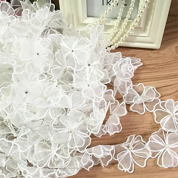 3 ярда/Лот DIY органза вышивка и ткань кружевные нашивки для одежды 3D бисер цветок
