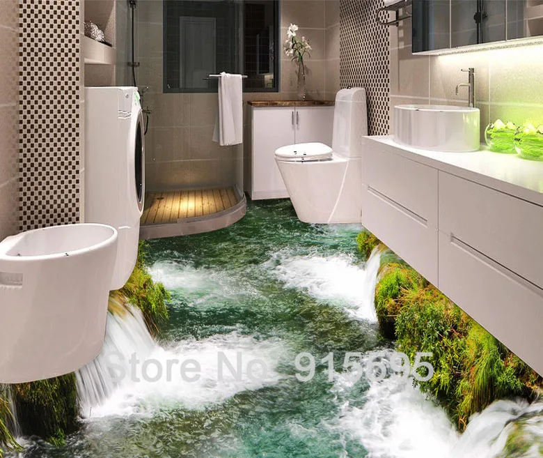 Пользовательские полы настенной Бумага река водопад Туалет Ванная комната Спальня 3D пол живопись ПВХ Водонепроницаемый Стикеры стены