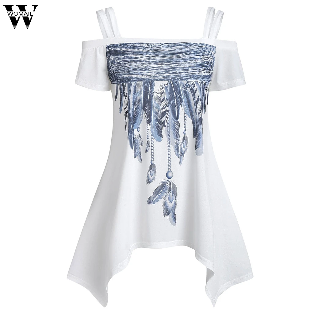 

Womail Short sleeve Fashion Womens Casual Cold Shoulder Feather Print Asymmetric Tee Tops T-Shirt Short Sleeve dropship May6