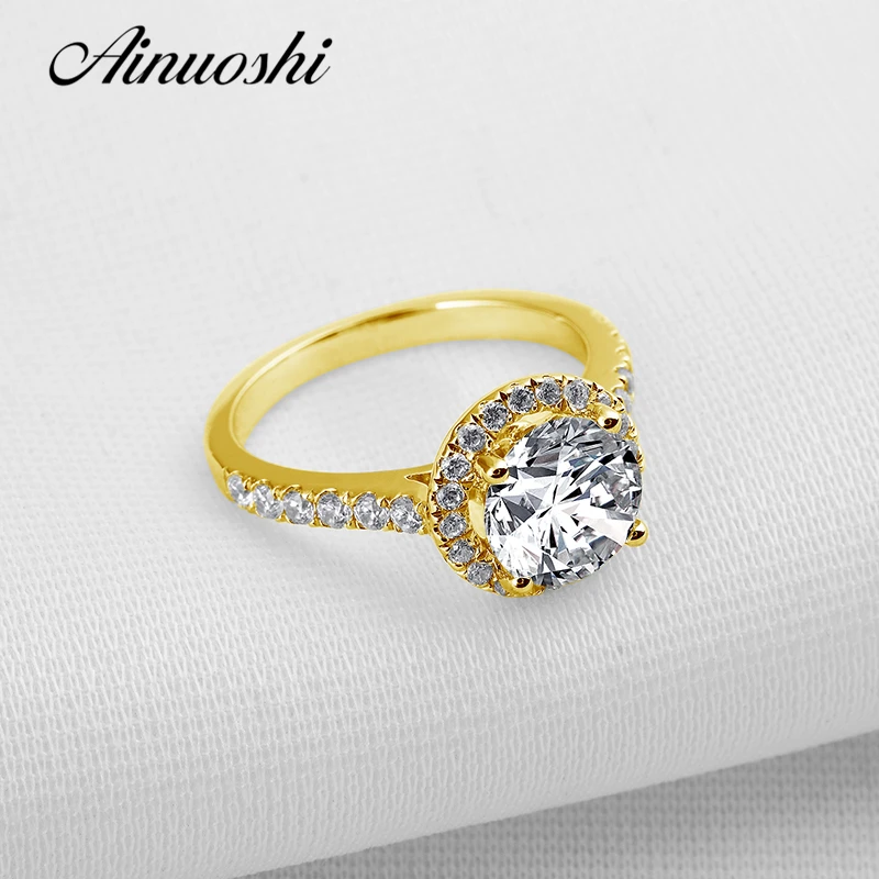 

AINUOSHI 10K Yellow Gold Wedding Ring Customized Halo Simulated Diamond Fine Jewelry Luxury 2 ct Round Cut Women Engagement Ring