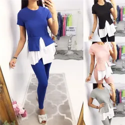 yashangyi Two Piece Set For Women 2019 Summer Patchwork T-Shirt Top and Long Pants 2 Pieces Set Suit Outfits Clothes yashangyi Two Piece Set For Women 2019 Summer Patchwork T-Shirt Top and Long Pants 2 Pieces Set Suit Outfits Clothes