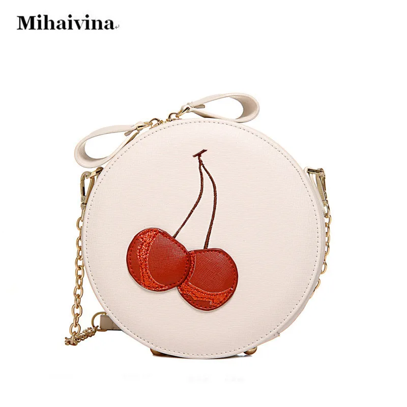 Round Women Bag Chain Crossbody Shoulder Bag Ladies Cute Circular Women Messenger Bags Red Cherry Embroidery