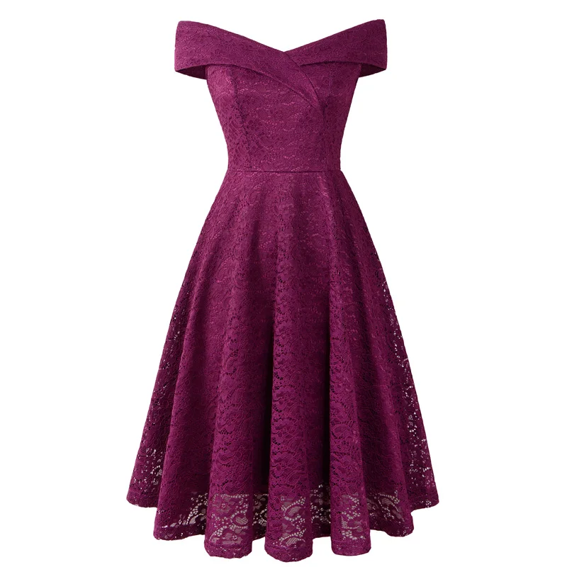 Элегантное кружевное платье для женщин, высокое качество, лето, сексуальное, с открытыми плечами, v-образный вырез, ТРАПЕЦИЕВИДНОЕ, Двухслойное, винтажное, для вечеринок, платья - Цвет: Фиолетовый