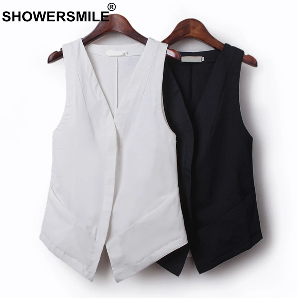 SHOWERSMILE Gilet Vests For Women Black Linen Waistcoat Female Short Light Weight Slim Ladies Spring Summer Sleeveless Jackets