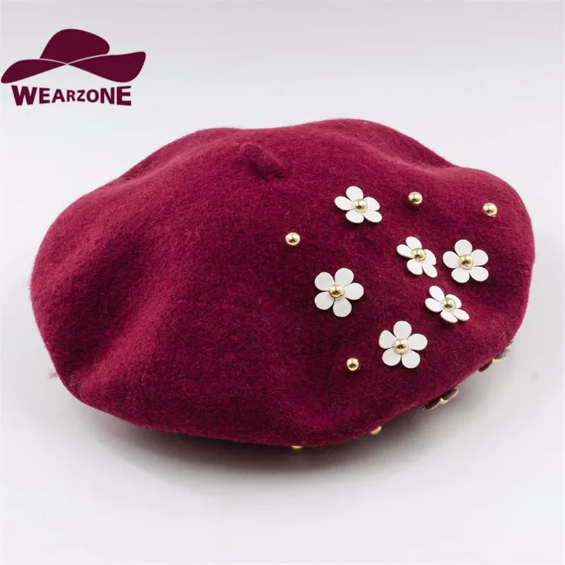 Зимние женские береты, вязаные шапки из чистой шерсти, берет ярких цветов, шапки-береты, аппликация, шапка с цветком, шапки Boinas Mujer
