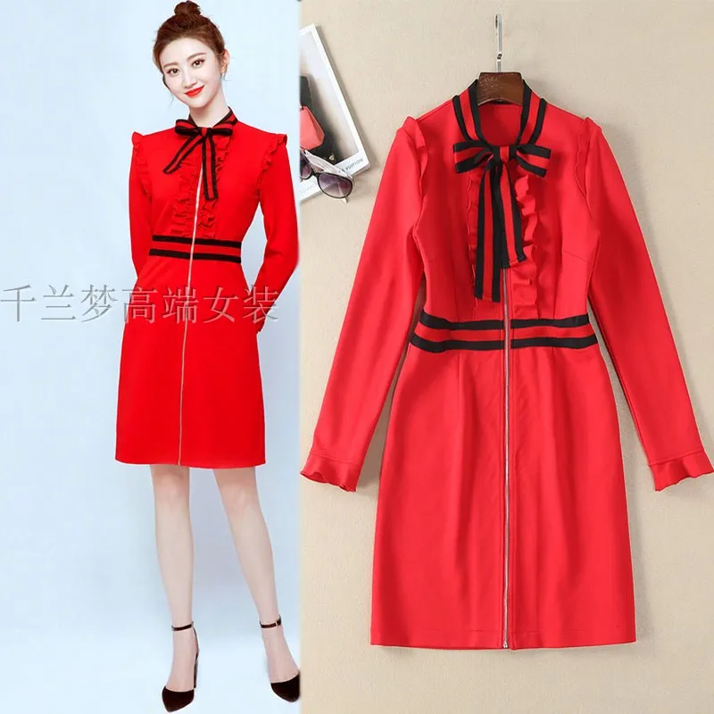 

Autumn 2018 Hot Sale Clothes Women Fashion Striped Long Sleeve Lace Up Bow Dress High Waist Ruffles Bodycon Slim A Line Dresses