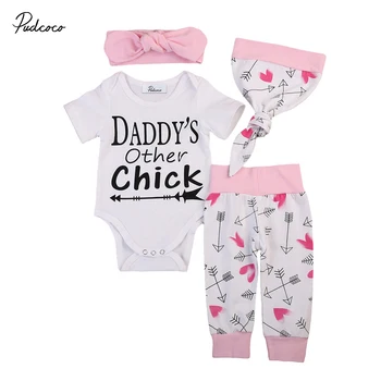 

Letter Casual Spring Cotton Hot Infant Kids Baby Girls Tops Romper+Pants Leggigns 4pcs Outfits Clothes Set