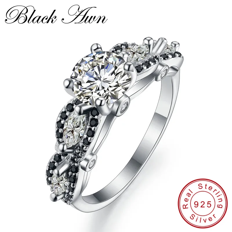 

[BLACK AWN] Black & White Silver Eternity Band Jewelry Trendy Wedding Rings for Women Engagement Ring Femme Bijoux Bague C160
