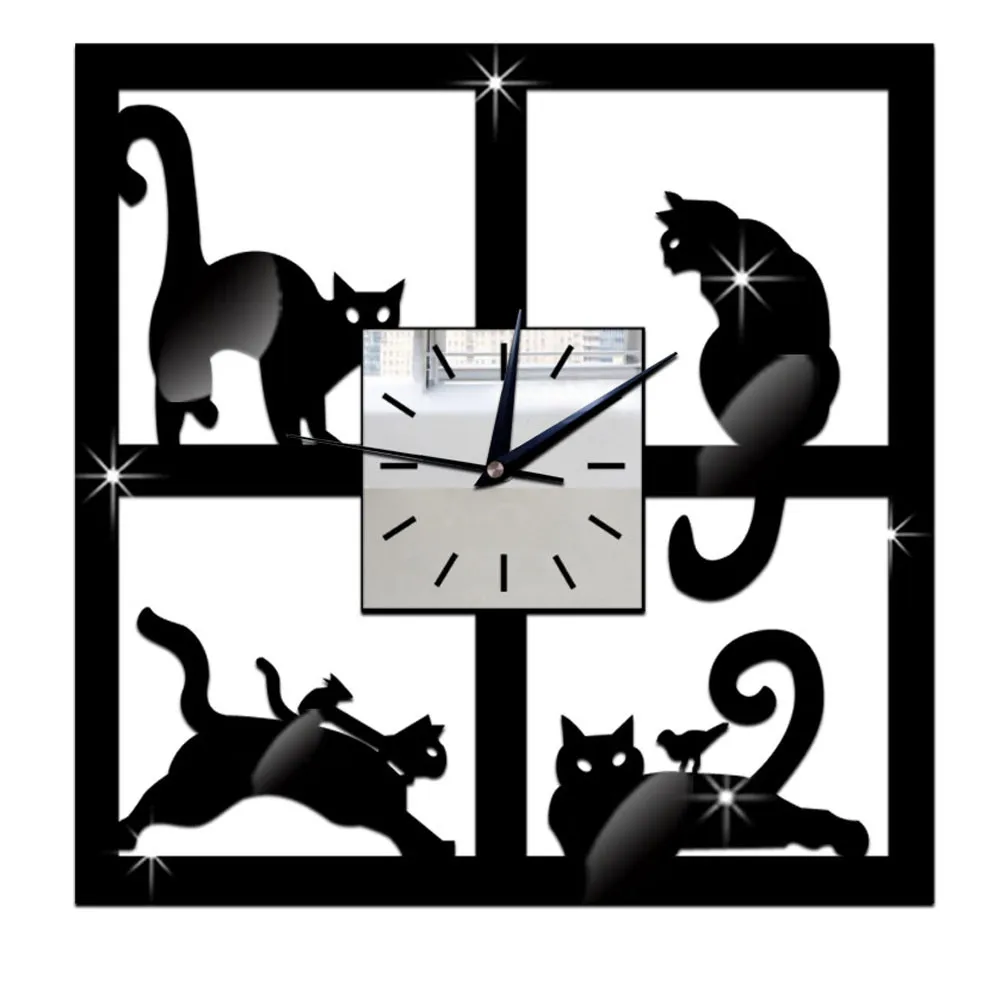 

Hot Sale Fashion 3D Cat Mirror Black Wall Clock Modern Design Home Decor Watch Wall Sticker 28x28cm Wall Clocks Home Decor