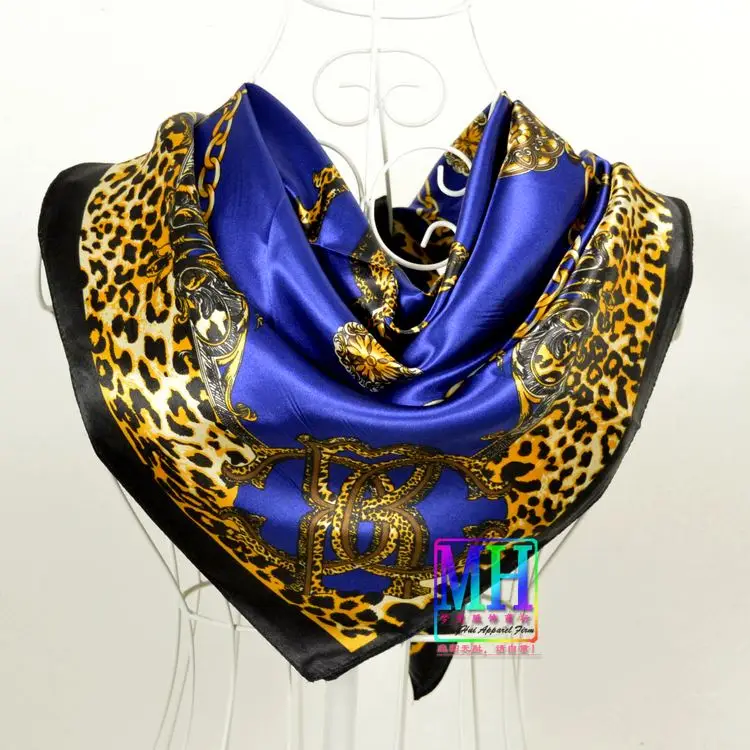 leopard navy blue Элегантный женский большой квадратный шелковый шарф с принтом, 90*90 см, модный весенний и осенний серый и фиолетовый Шелковый шарф из полиэстера, шаль - Цвет: leopard navy blue