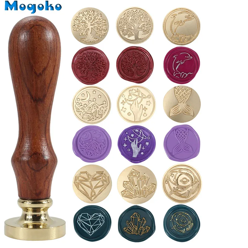 

Mogoko 1x 25mm Vintage Brass Head Wooden Handle Wax Seal Stamp Letter Card Decoration Mermaid/Jumping Dolphin/Heart+Color Pen