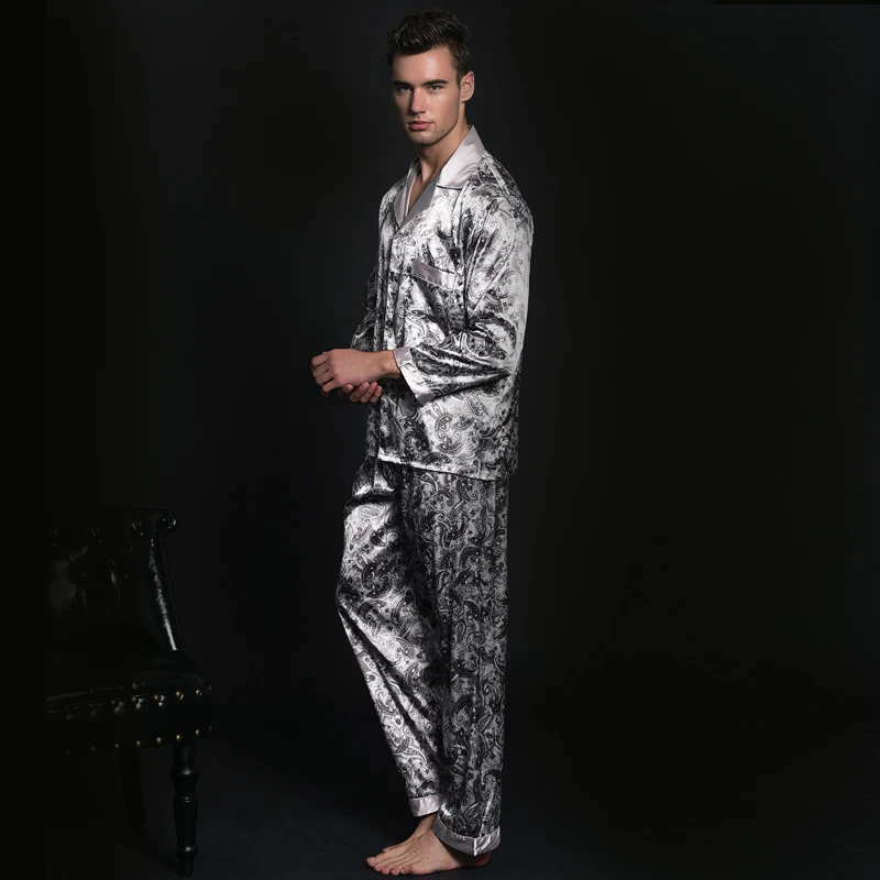 Абсолютно комплект из 2 предметов, китайский Мужской Атласный Шелковый пижамный комплект с отложным воротником, пижама с длинными рукавами, Повседневная Пижама, пижама L XL 2XL