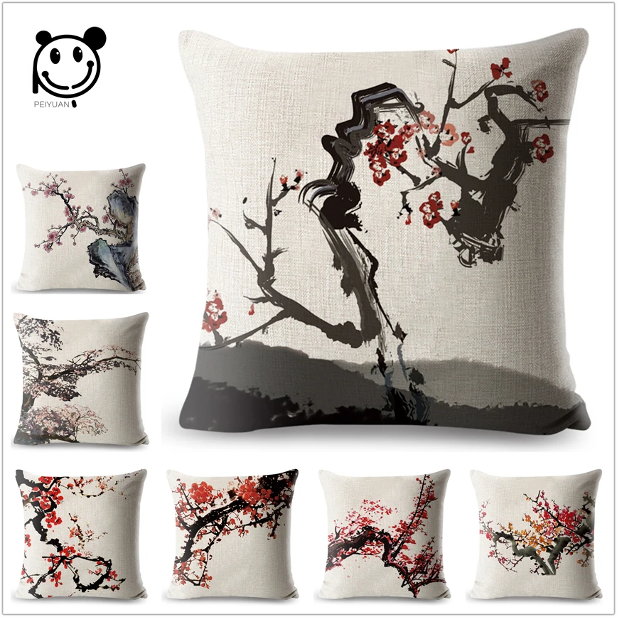 

Printed Plum Blossom Cushion Cover Linen Cotton Pillowcase Decorative Chinese Monochromes Throw Pillow Cover for Sofa 45x45 cm