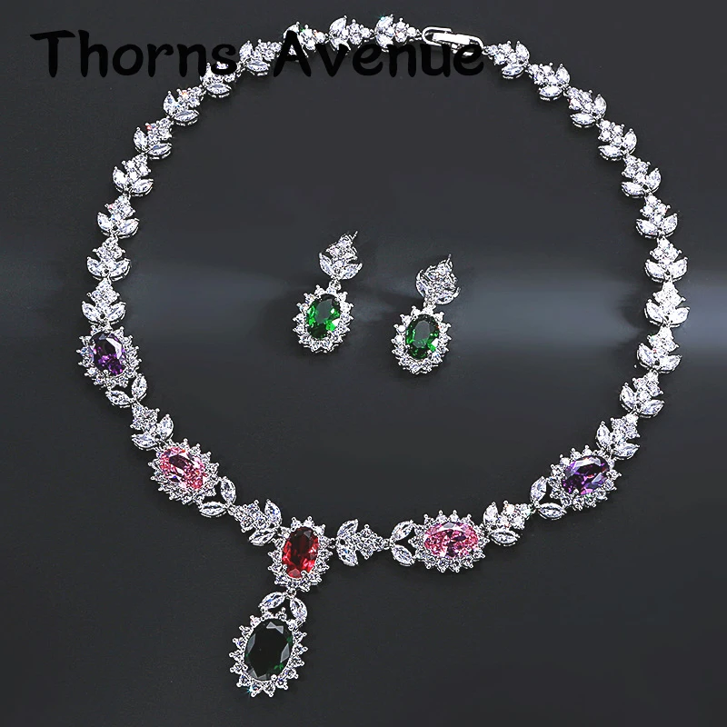 

New Luxury Fashion 6 Colors Flower Leave AAA CZ Stainless Steel Boho Choker Necklace Set Bridal Wedding Jewellery Sets For Women