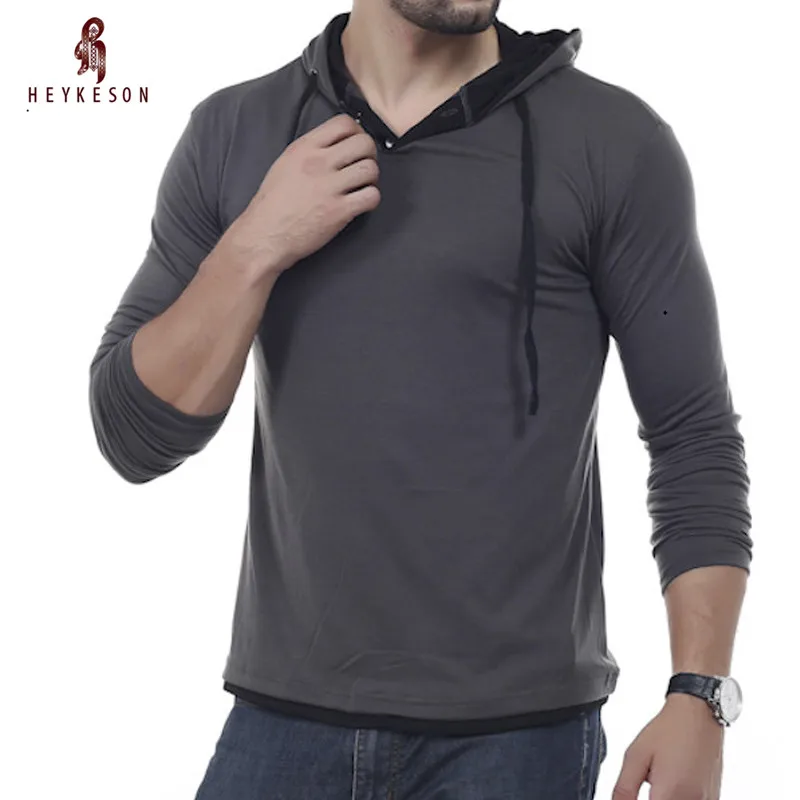 

HEYKESON T Shirt Men Brand 2018 Men'S Hooded Stitching Design Tops & Tees T Shirt Men Long Sleeve Slim Male Tops XXXL OOIS
