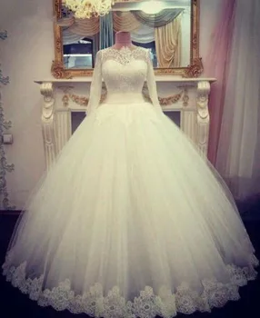 

Long Sleeves Vestido De Noiva Muslim Wedding Dresses Ball Gown Tulle Lace Appliques Boho Dubai Arabic Wedding Gown Bridal