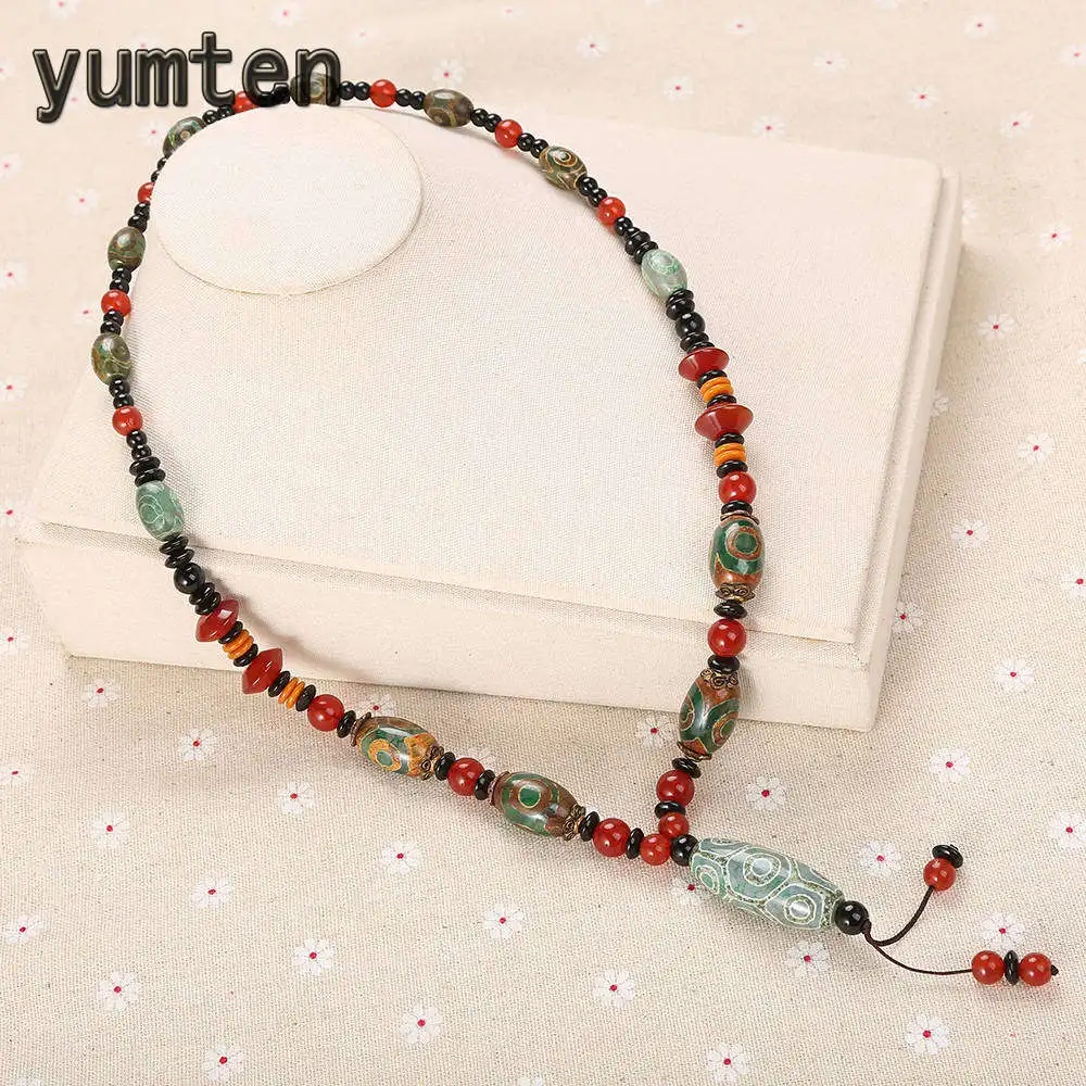 

Yumten Vintage Women Necklaces Agate Chain Multilayer Stone Bead Jewellery Engagement Femme Bijuterias Geometric Crystal Pendent