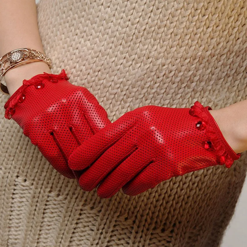 L006N01 RED wrist leather gloves New Fashion Style Cute Winter Gloves for women lambskin gloves lady driving gloves