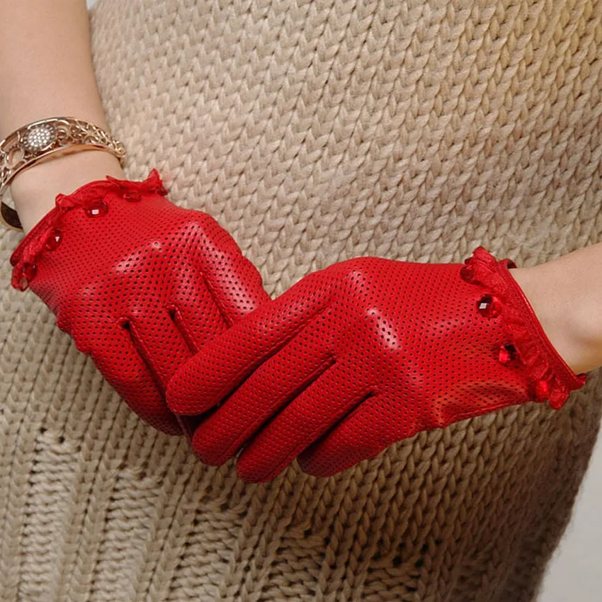 Billige Top Mode 2020 Frauen Handschuhe Handgelenk Spitze Perlen Komfortable Perforierte Echtes Leder Solide Ziegenleder Handschuh Freies Verschiffen L006N