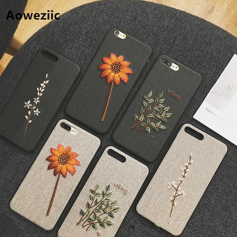 

Aoweziic Original wind art simple flower embroidery For iphone 8PLUS 7 X XS mobile phone case 6s plus protective sleeve tide