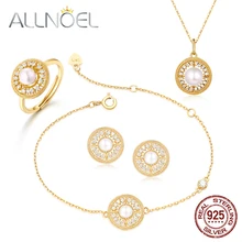 ALLNOEL, новинка, 925 пробы, серебряные Ювелирные наборы для женщин, кольцо, серьги, подвески, ожерелье, браслет, драгоценный камень, ювелирные изделия с бриллиантами
