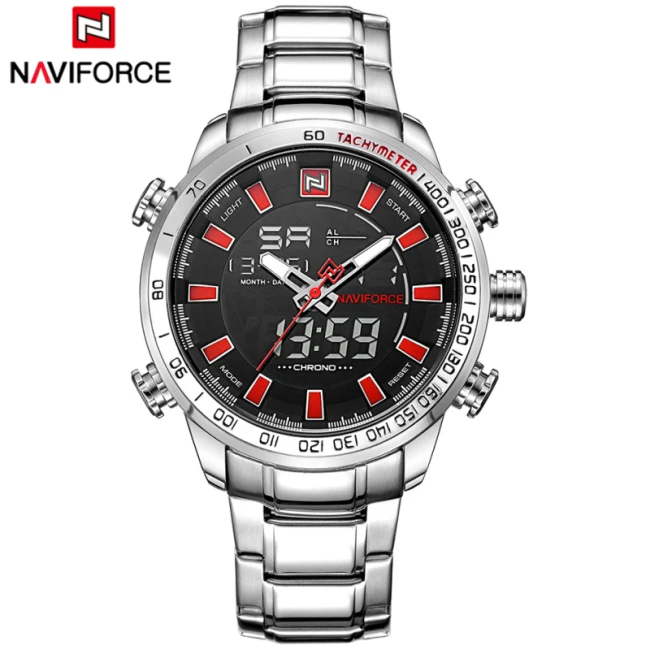 Мужские часы люксовый бренд NAVIFORCE армейские военные спортивные часы мужские полностью Стальные кварцевые цифровые аналоговые часы Relogio Masculino - Цвет: Silver Red