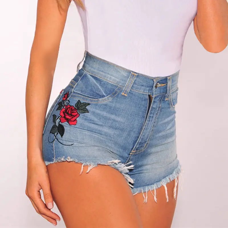 

Dropshipping Vintage Floral Embroidered Shorts Women Rose Flower Embroidery Shorts Elastic High Waisted Denim Jeans Short Female