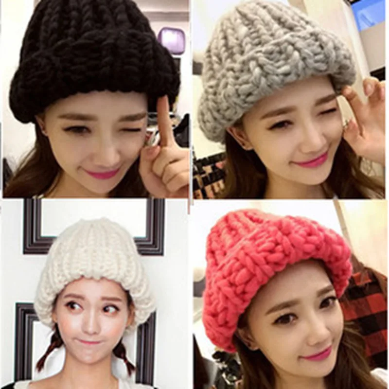 

BomHCS Korean Thermal Thick Yarn Handmade Women Knitted Hat Winter Warm Slouch Beanie Caps Roll Up