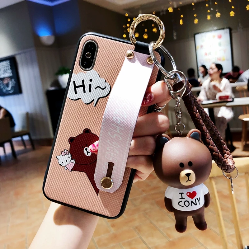 Goedkoop Easterm 7 Plus Leuke Panda Konijn Stitch Case Mooie Beer Pols Strip Key Holder Cover Voor iPhone XR XS MAX X 8 7 6 Plus 6 s XS