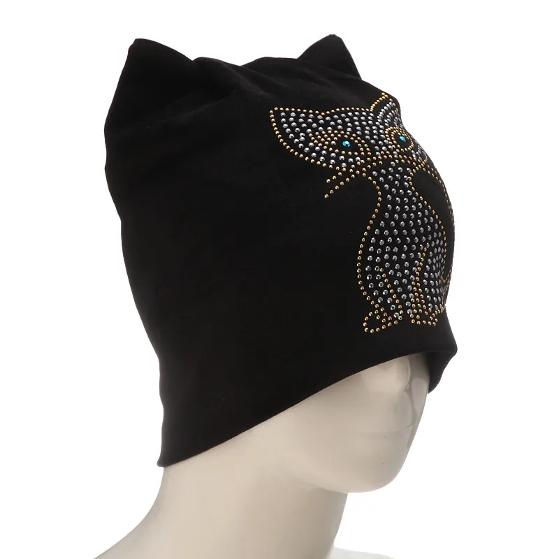 Зимние шапки для женщин, шапка для мужчин, шапочки унисекс, бриллианты, однотонные теплые зимние шапки с кошачьими ушками, шапка, шапка invierno turban - Цвет: Black