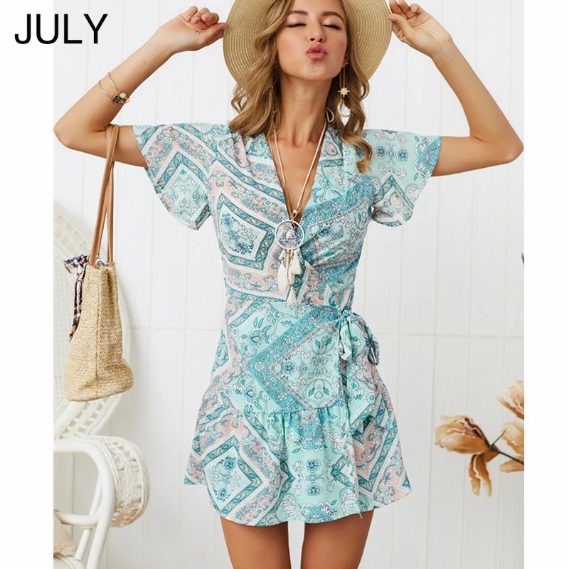 

JULY Summer Dress Women Bohemian Print Dress Summer Short sleeve Ruffle Belt Red Dresses Ladies Casual Beach Mini Dress Vestidos
