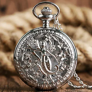 

Steampunk Silver Hollow Mermaid Flower Women Quartz Pocket Watch Lady Casual Elegant Necklace Pendant With Chain Gift