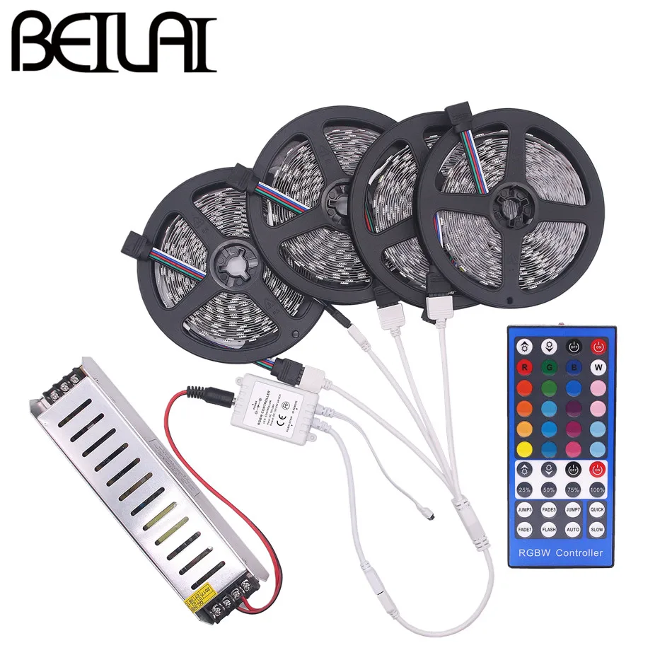 

BEILAI SMD 5050 RGBW RGBWW RGB LED Strip Waterproof 5M 10M 15M 20M DC 12V LED Light Strips 60led/m add 40K 44K Remote and Power