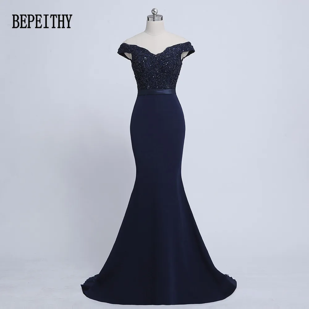 

BEPEITHY 2019 Robe De Soiree Mermaid Navy Blue Belt Evening Dress Long Party Elegant Vestido De Festa Off The Shoulder Prom Gown