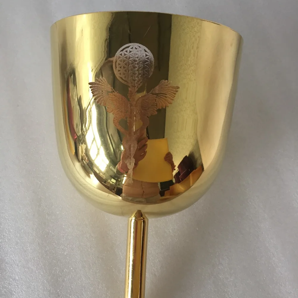 

24k gold 3th octave Perfect A third eyes chakra or A# or B note crystal singing handle bowl with Serpent Ward carved about 7"