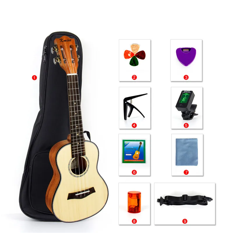 Kmise Classical Concert Ukulele Beginner Kit Solid Spruce Mahogany 23 Ukelele Hawaii Guitar for Starter and Music Lover