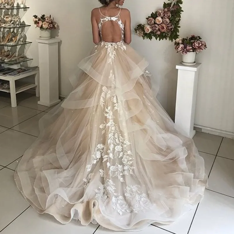 Свадебные платья Ливан Тюль Аппликации Шампанское Гофрированные органзы на заказ пышное свадебное платье размера плюс платье невесты