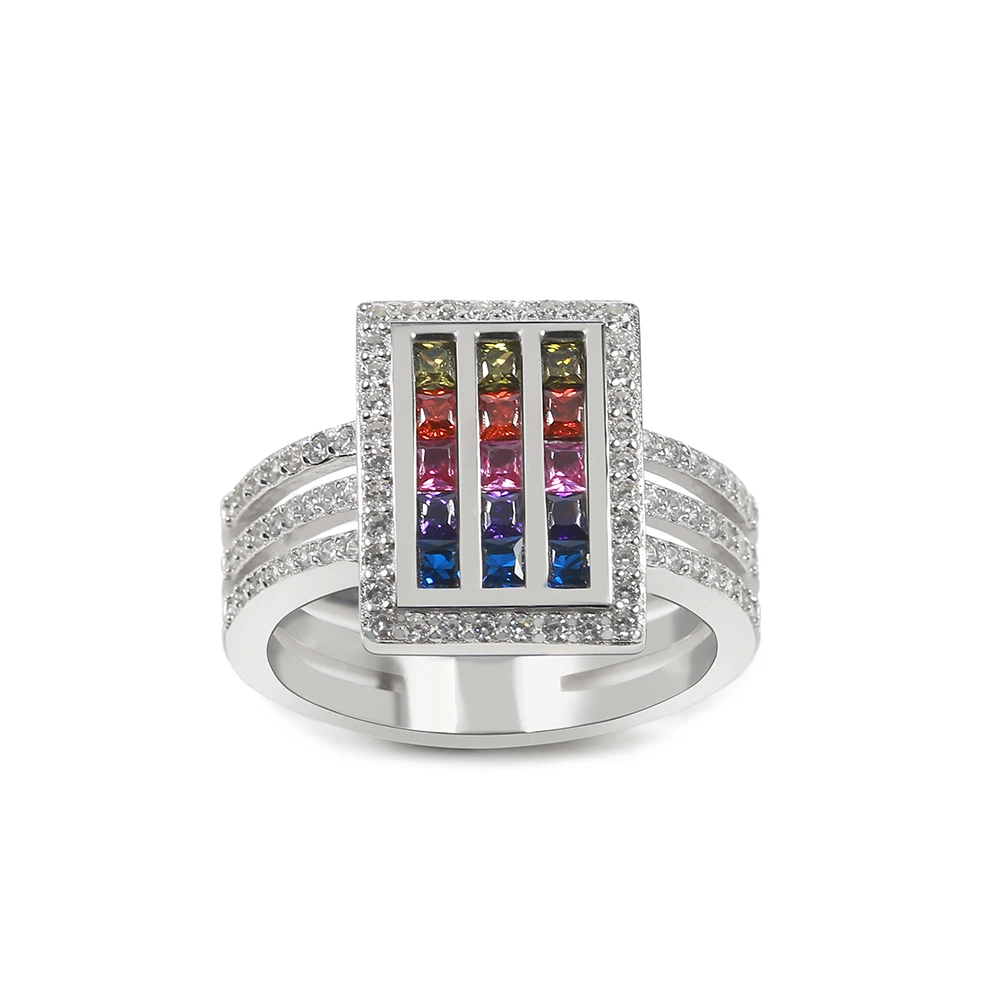 

925-Sterling-Silver Rings For Women Light Luxury Big Rings Trendy Wedding Ring Rainbow Cubic Zircon Gradient Color Rings Jewelry