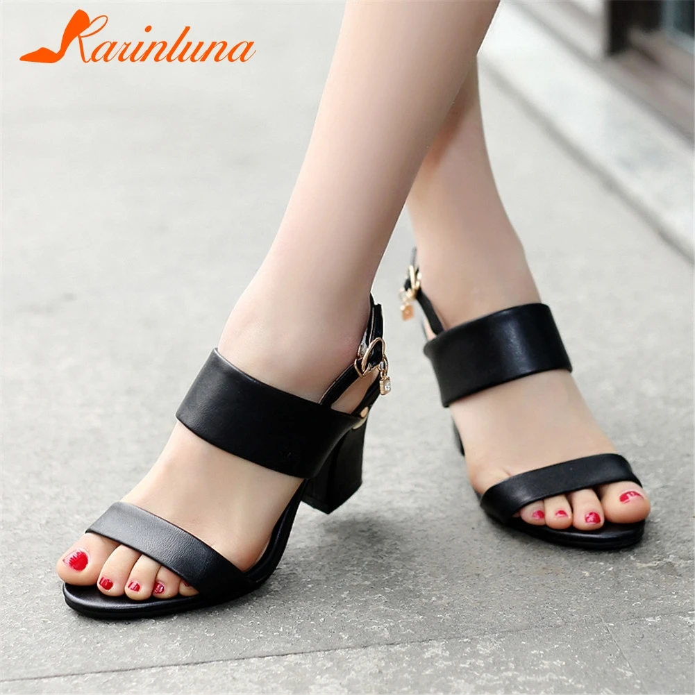 

KARINLUNA 2019 Big Size 34-43 New Cow Leather Metal Decoration Square High Heels Shoes Woman Casual Office Summer Sandals