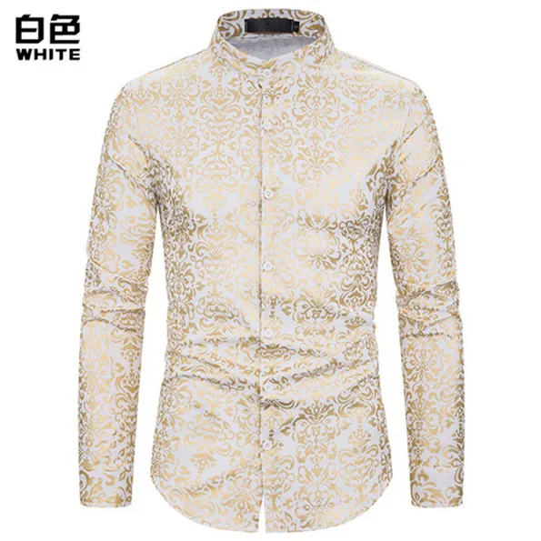 Shiny Gold Floral Print Mens Shirts Casual Slim Fit Long Sleeve Mandarin Collar Shirt Men Club Party Bronzing White Shirt Camisa - Цвет: Белый