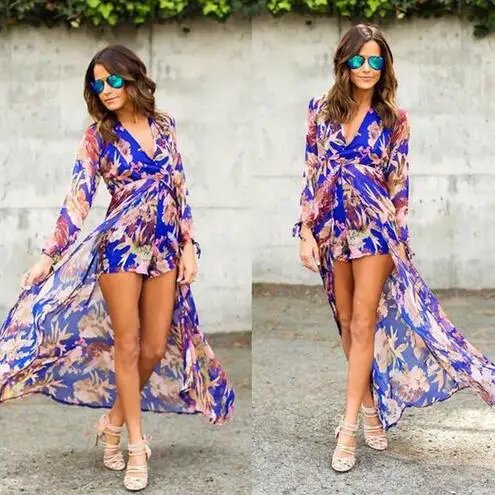 

Chiffon Print Playsuit for Women New Elegant V Neck Long Sleeve Summer Autumn Jumpsuit Rompers Casual Slim Overalls WF505