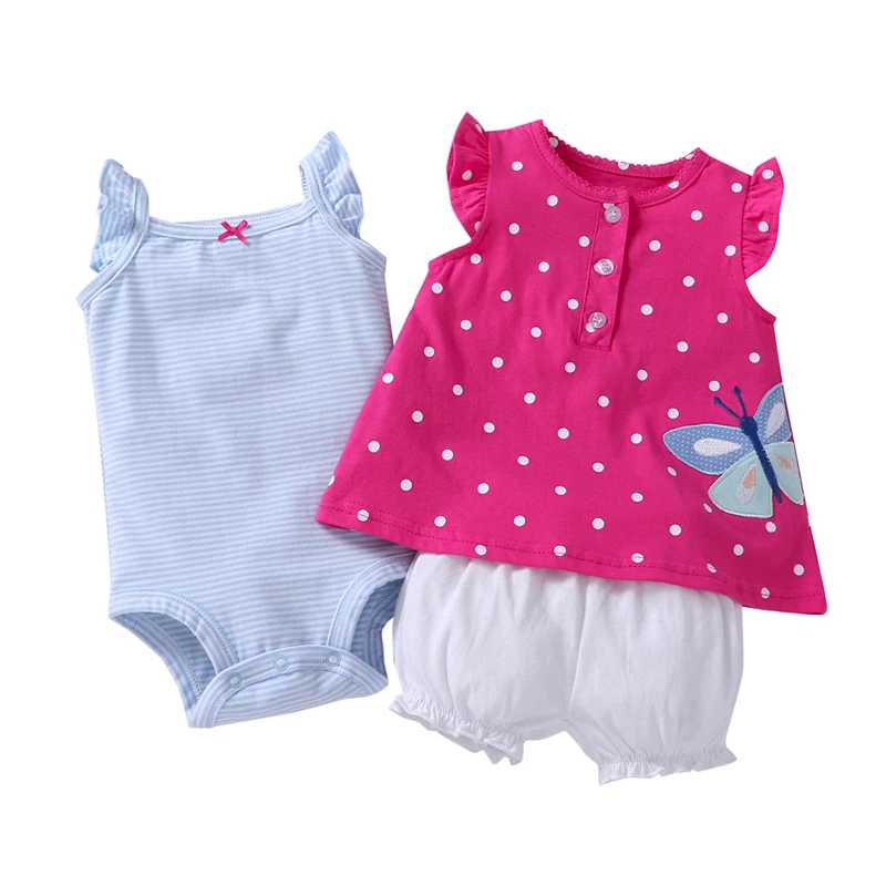 Sleeveless Tops+O-Neck Bodysuit+Shorts Dot For Baby Girl Outfit Summer 2021 Newborn Clothes Set Infant Clothing Suit Pink Cotton Baby Clothing Set Baby Clothing Set