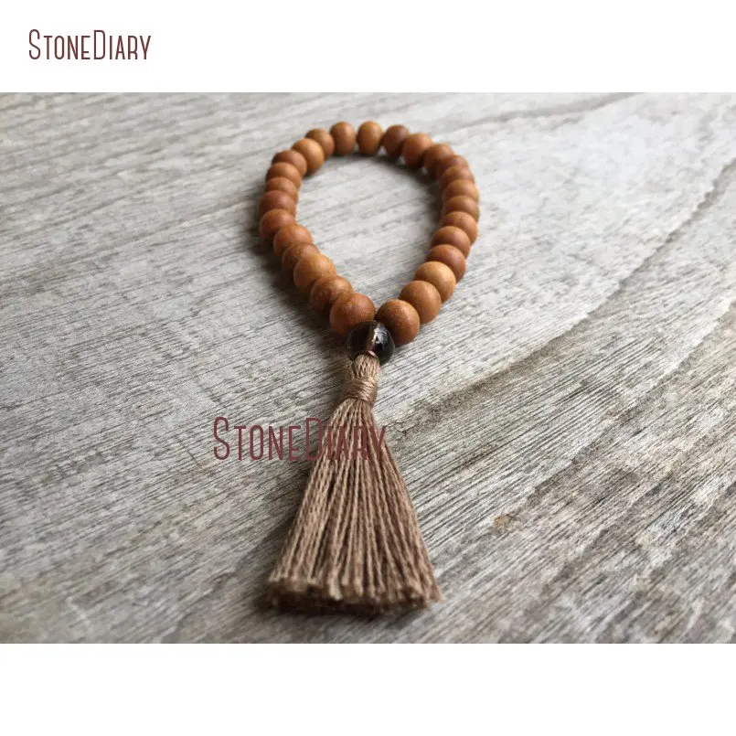 20180312-BM11041-Sandalwood & Smoky Quartz Bracelet 27 Bead Stacking Quarter Mala with Tassel gemstone natural earthy bohemian fragrant wood meditation