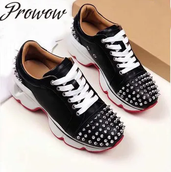 

Prowow Brand Designer Genuine Leather Spikle Studded Summer Flats Lace Up Casuals Shoes Women