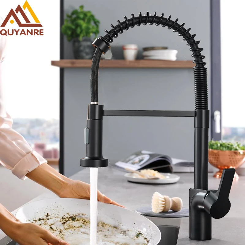 Quyanre Matte Black Nickel Pull Out Spring Kitchen Faucet Single